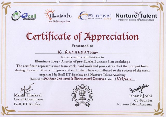 Certificate of Appreciation from IIT Bombay